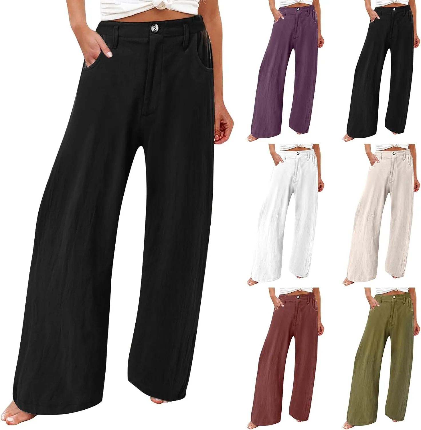 Cotton Linen Pants Women Summer High Waisted Wide Leg Pants Straight Leg Lounge Pants Fashion Palazzo Pants