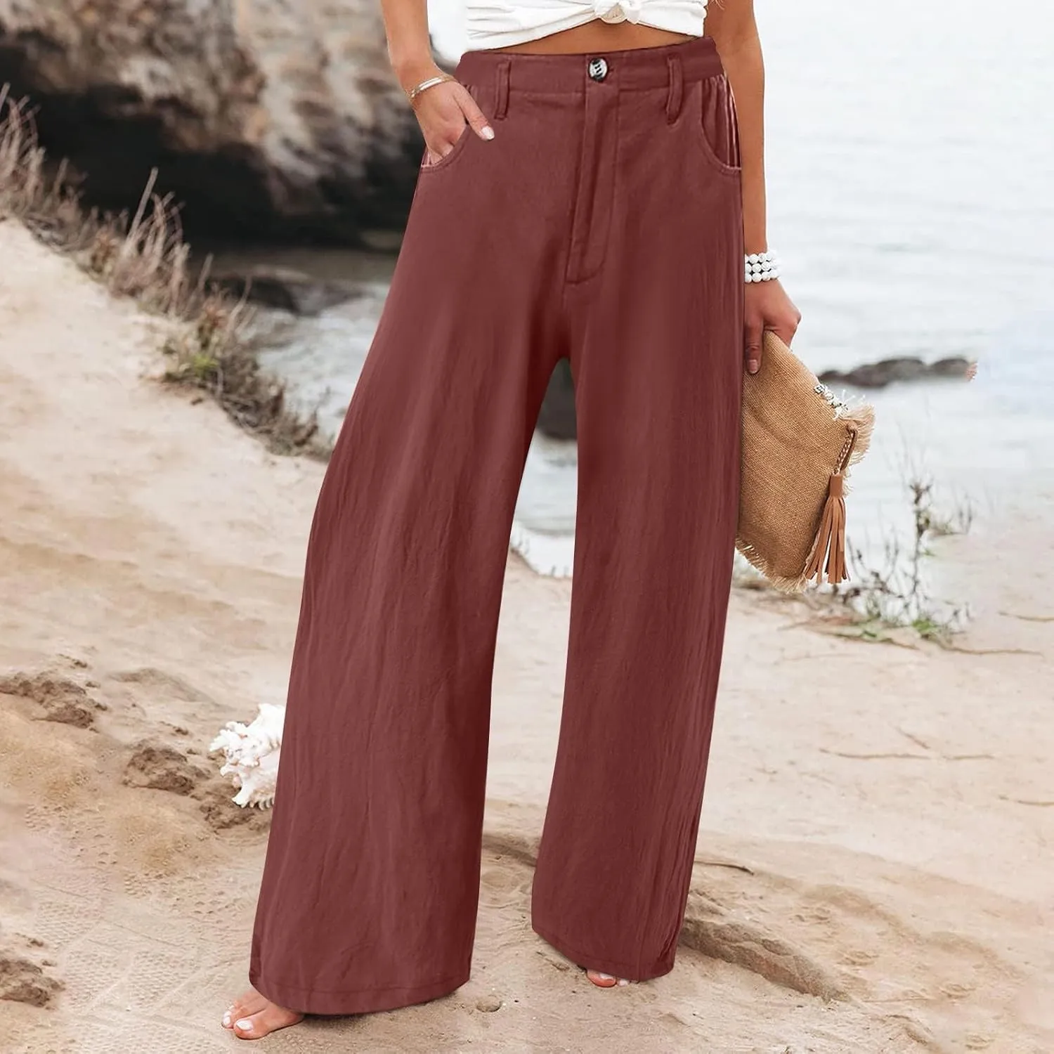 Cotton Linen Pants Women Summer High Waisted Wide Leg Pants Straight Leg Lounge Pants Fashion Palazzo Pants