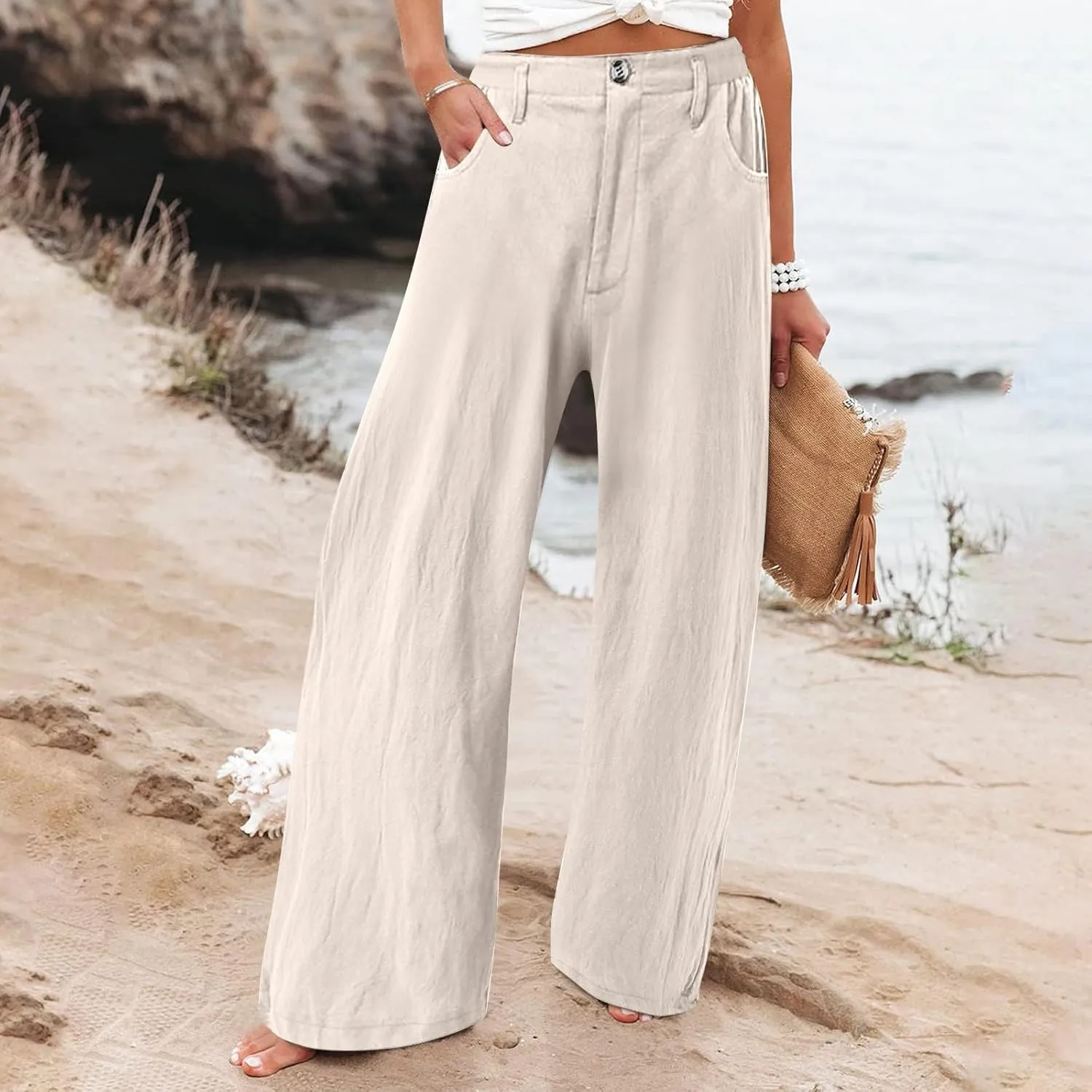 Cotton Linen Pants Women Summer High Waisted Wide Leg Pants Straight Leg Lounge Pants Fashion Palazzo Pants
