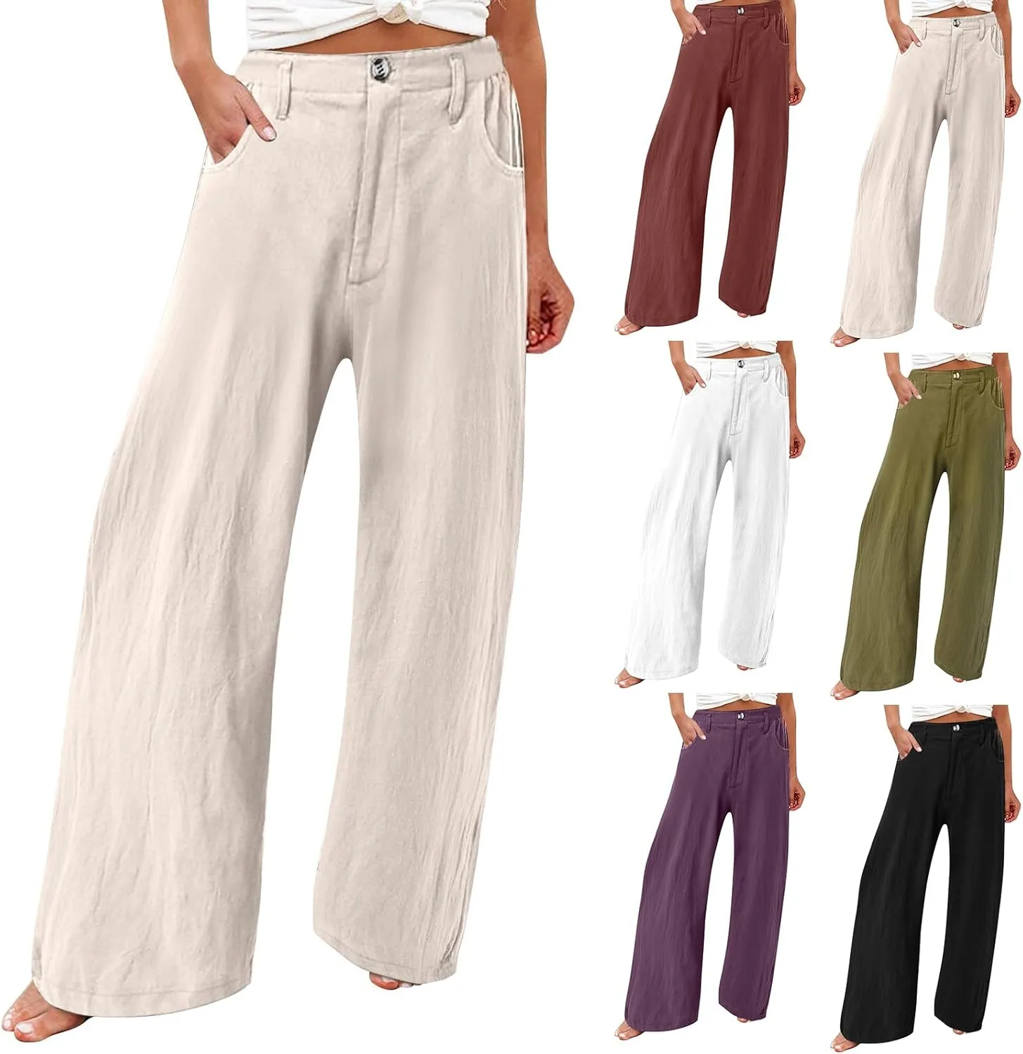 Cotton Linen Pants Women Summer High Waisted Wide Leg Pants Straight Leg Lounge Pants Fashion Palazzo Pants