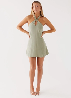 Mesh Insert Counting Stars Linen Halterneck Dress - Sage