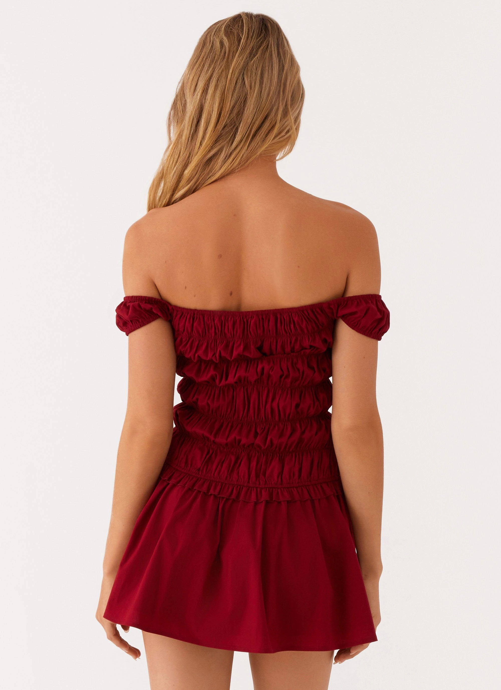 Countryside Off Shoulder Mini Dress - Deep Red Chic Layers