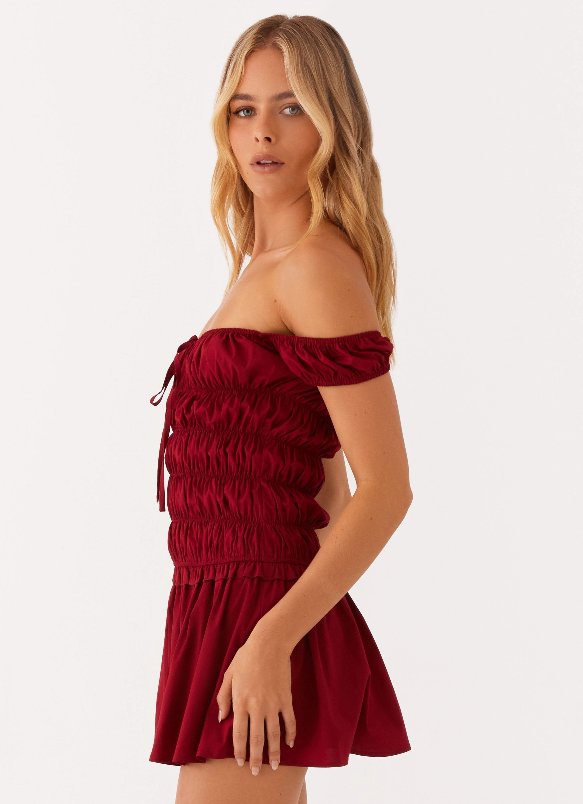 Countryside Off Shoulder Mini Dress - Deep Red Timeless Comfort Wear