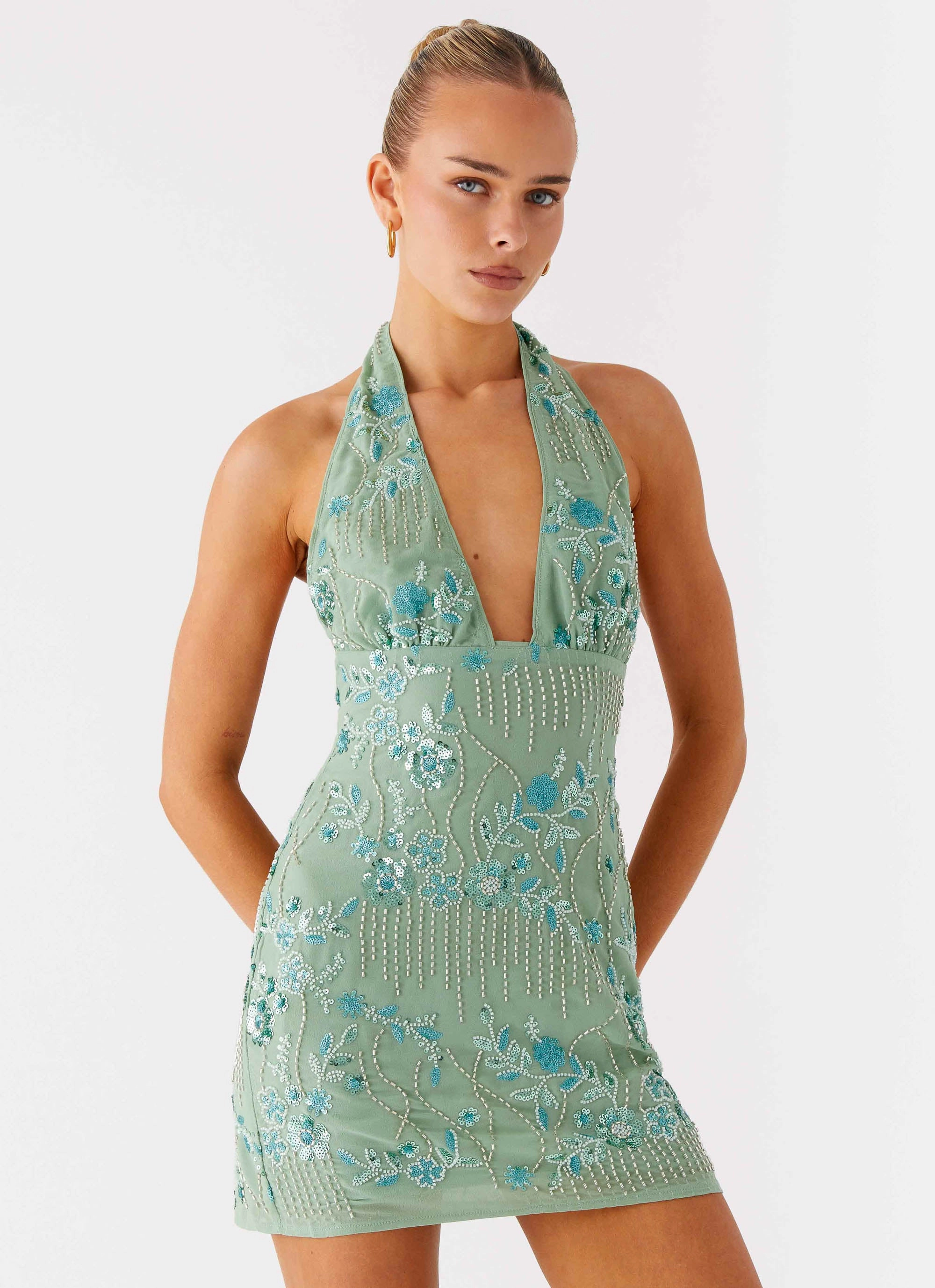 Sophisticated Comfort Fall Piece Monet Beaded Mini Dress - Mint