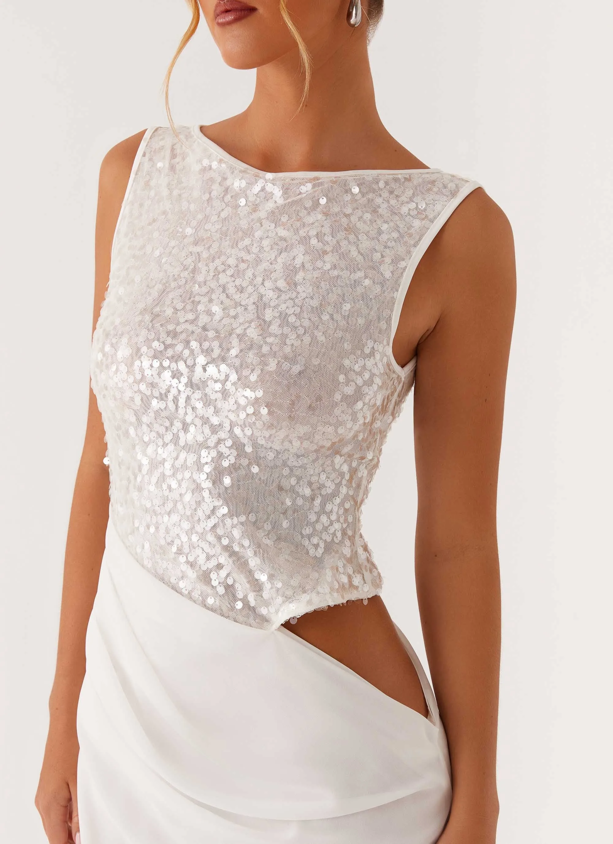 Above Ground Sequin Maxi Dress - White Chic Direction Fitted Look