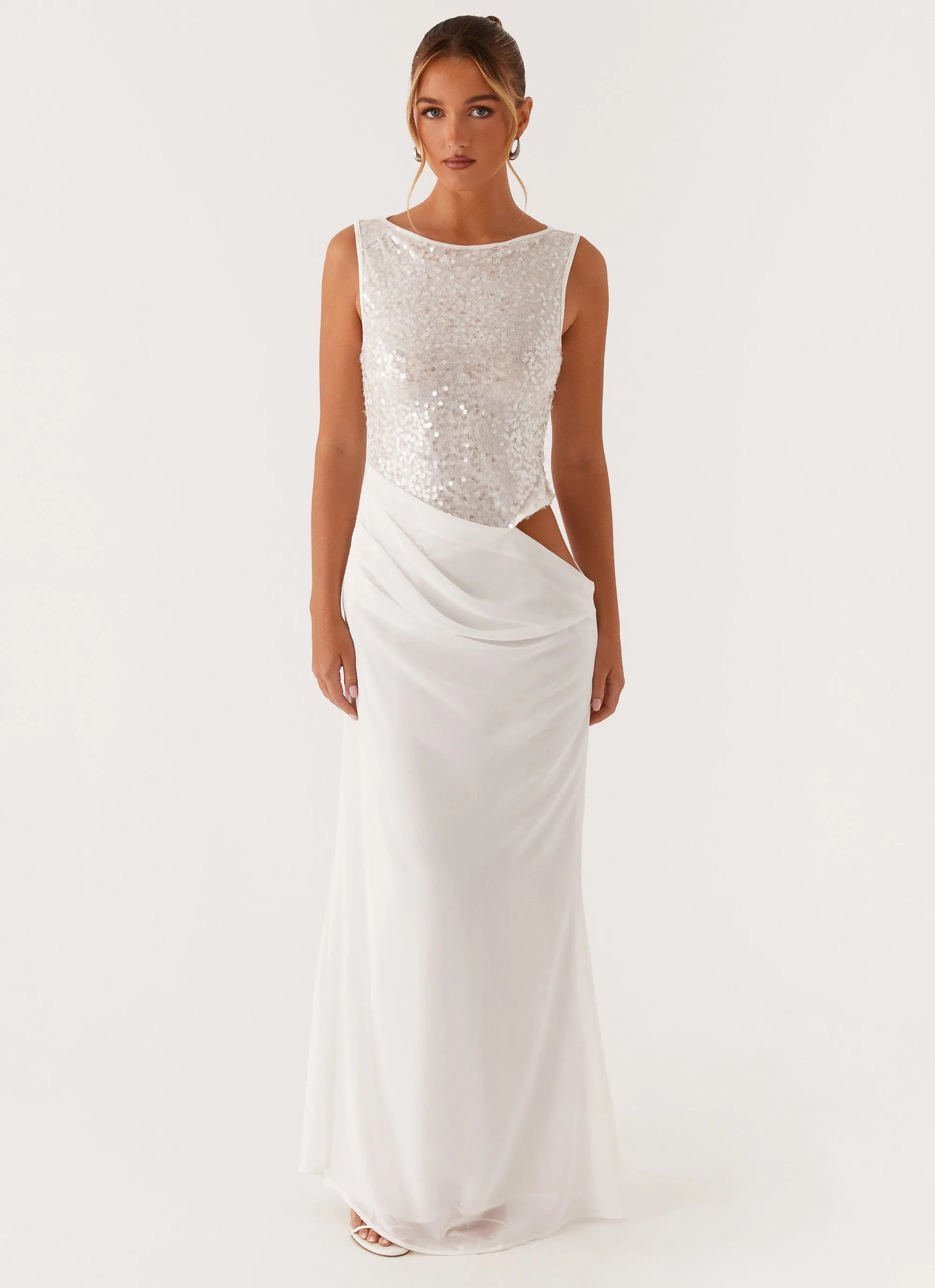 Photo Light Party Floral Above Ground Sequin Maxi Dress - White