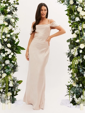 Cowl Neck Maxi Satin Bridesmaid Dress / Champagne Bow Glow