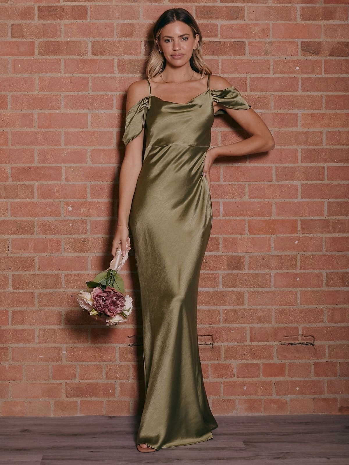 Embroidered-Detail Luxurious Feel Cowl Neck Maxi Satin Bridesmaid Dress / Olive Green