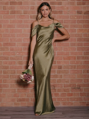 Embroidered-Detail Luxurious Feel Cowl Neck Maxi Satin Bridesmaid Dress / Olive Green
