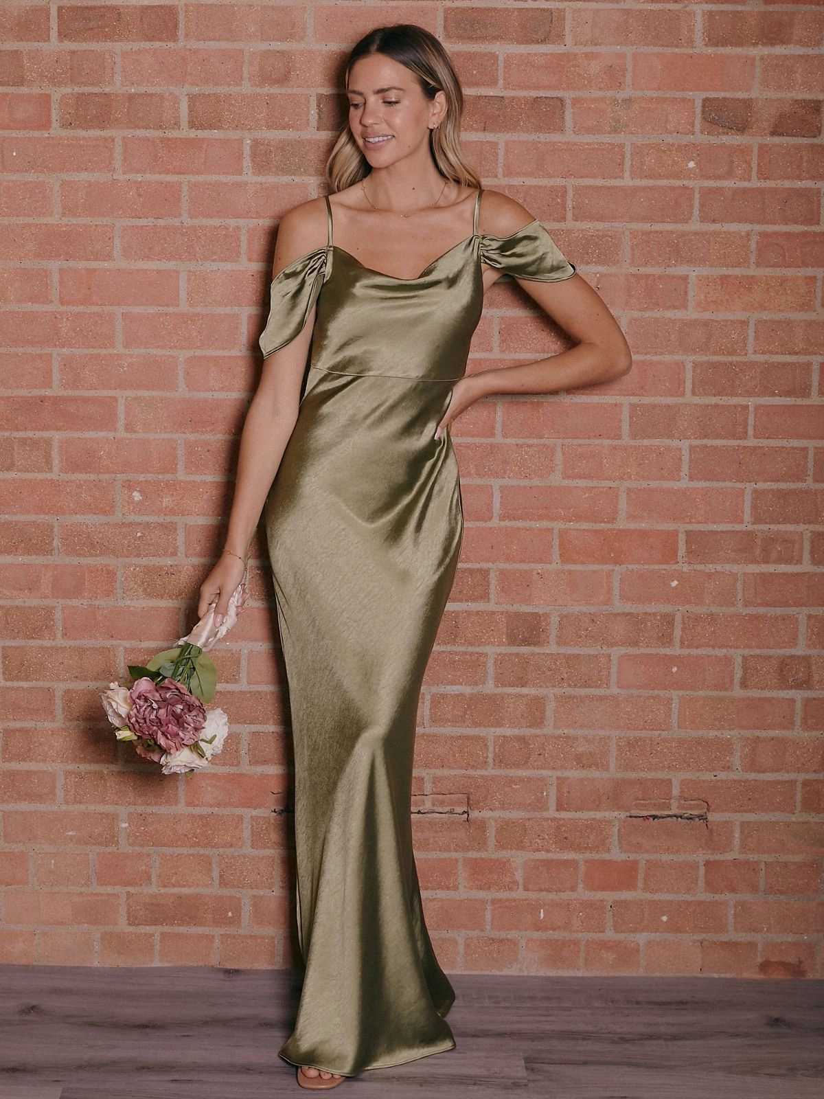 Cowl Neck Maxi Satin Bridesmaid Dress / Olive Green Edge Detail Dreamy Touch