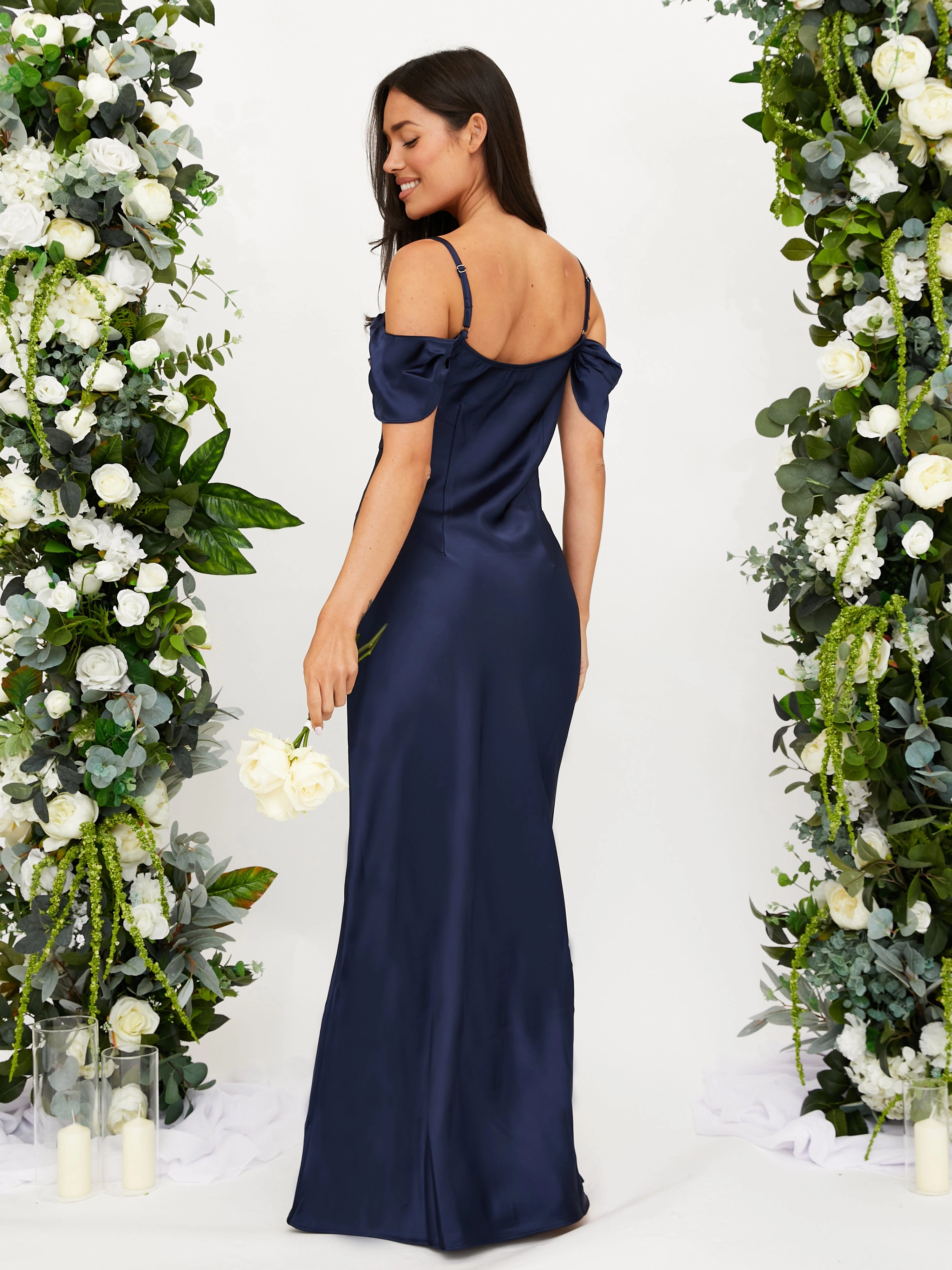 Unisex Option Cowl Neck Maxi Satin Dress / Navy