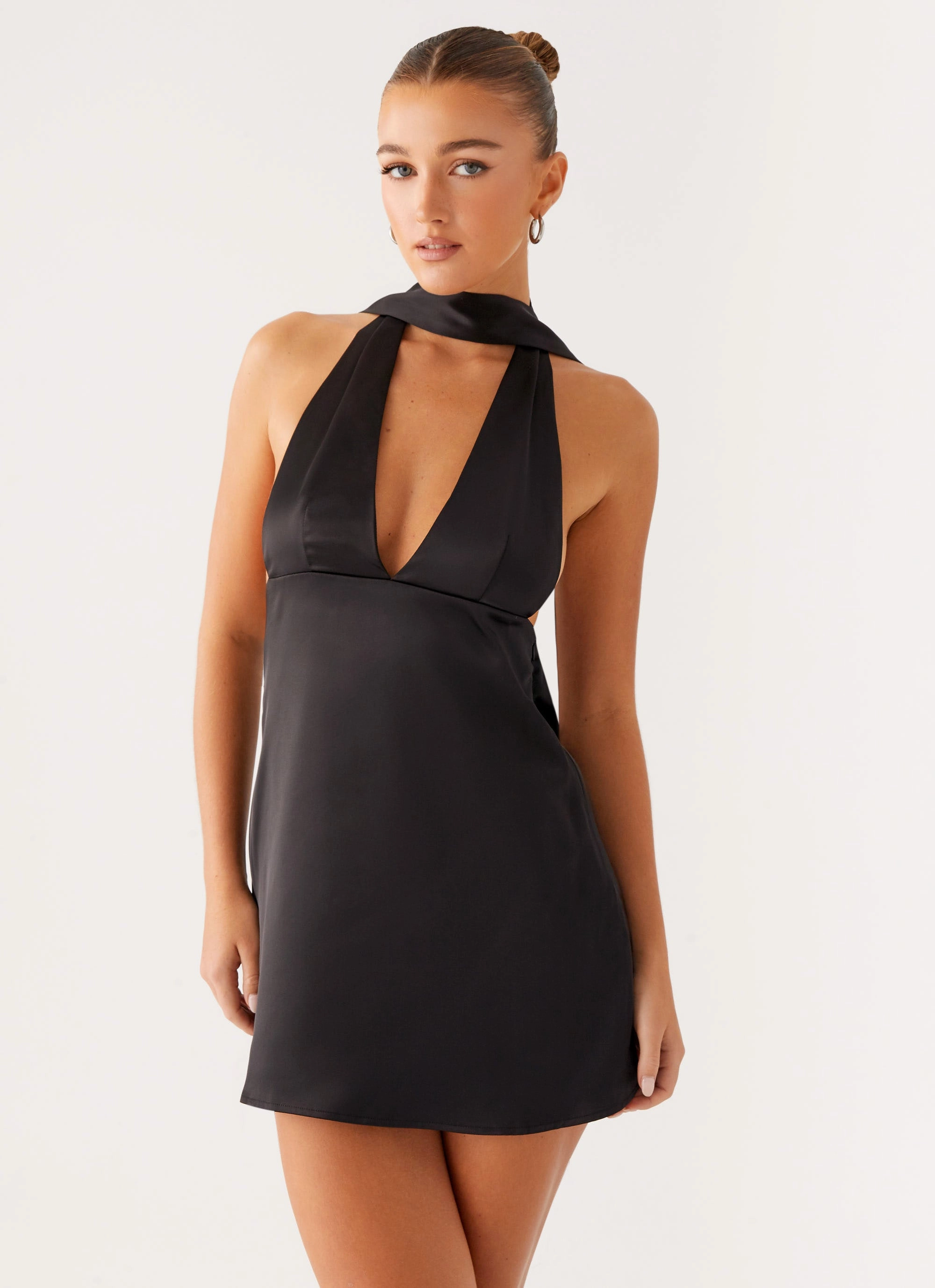 Mood Booster Alicia Satin Halter Mini Dress - Black