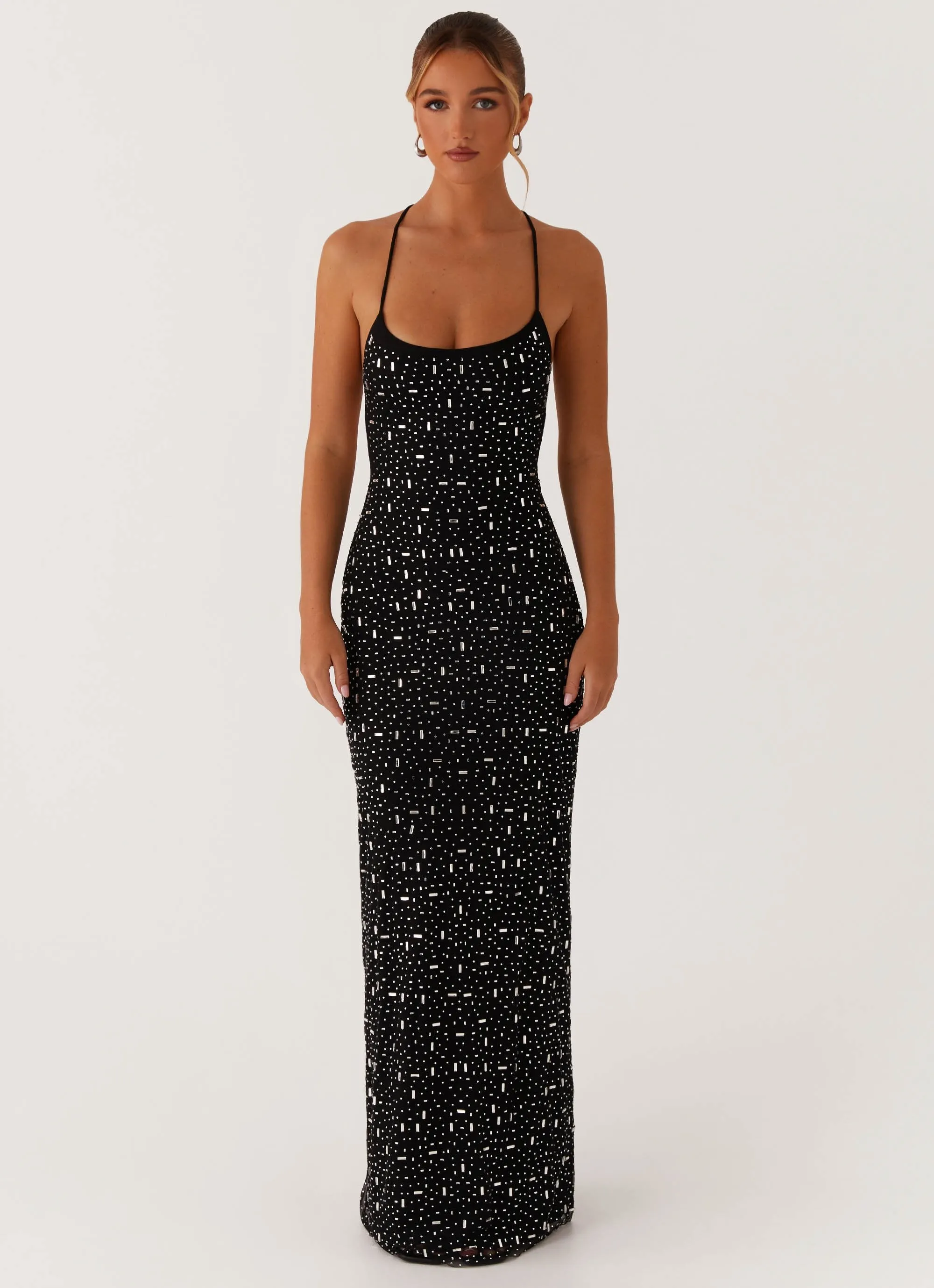 Layer Base Cressida Rhinestone Mesh Maxi Dress - Black