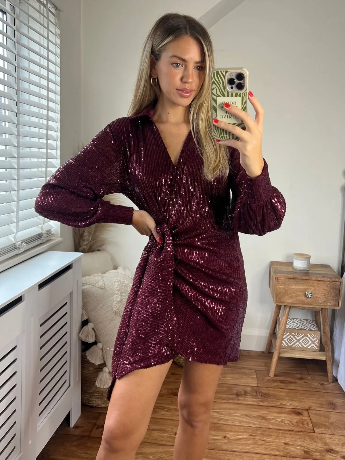 Aimee Balloon Sleeve Shirt Dress / Mulberry Compressible