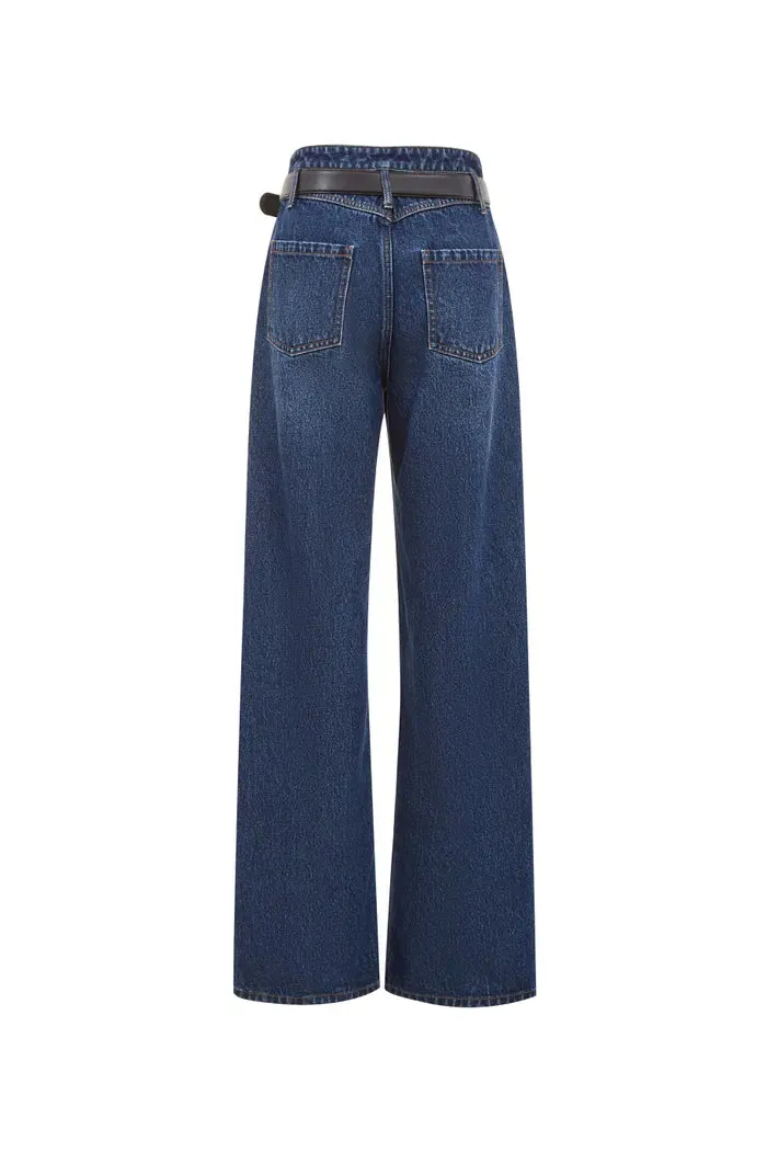 Crisp Removable Belt Straight Jeans in Washed Cotton Denim