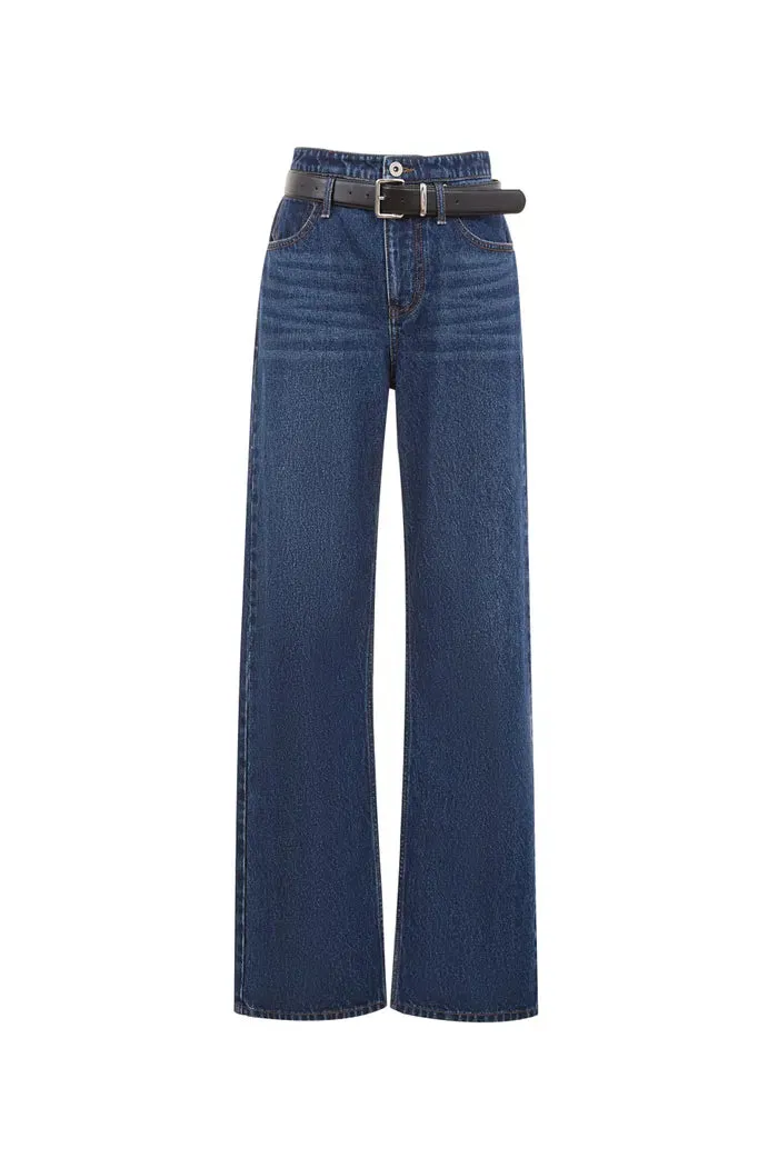 Crisp Removable Belt Straight Jeans in Washed Cotton Denim