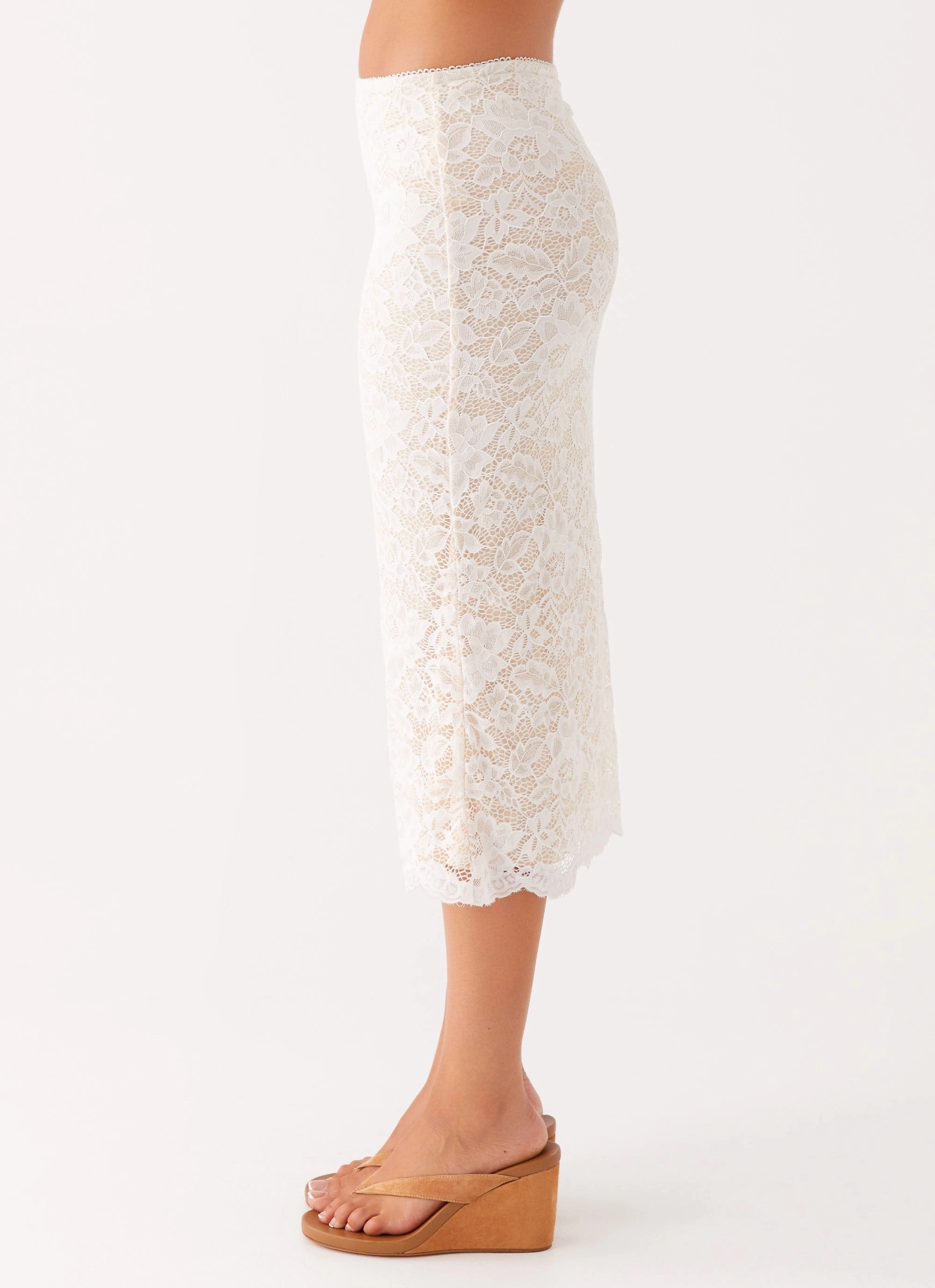 Vibrant Touch Crystal Clear Lace Midi Skirt - Ivory
