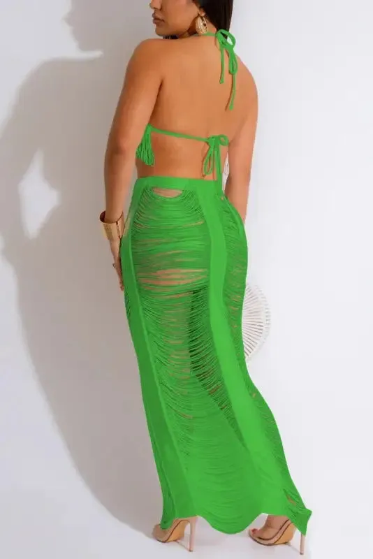 Crochet Cutout Tassel Beach Maxi Skirt Set