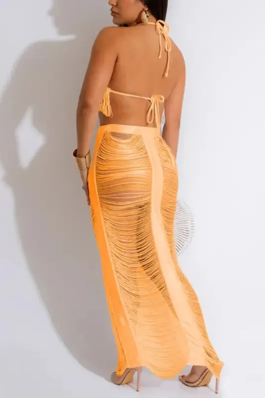 Crochet Cutout Tassel Beach Maxi Skirt Set