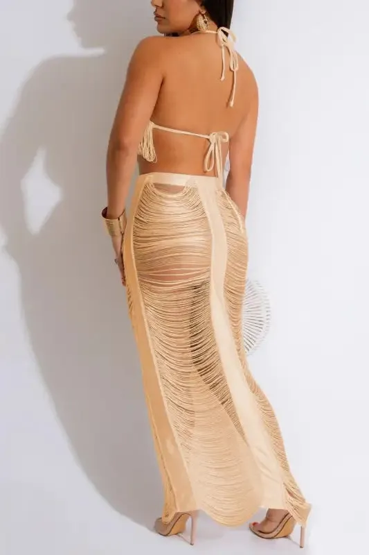 Crochet Cutout Tassel Beach Maxi Skirt Set
