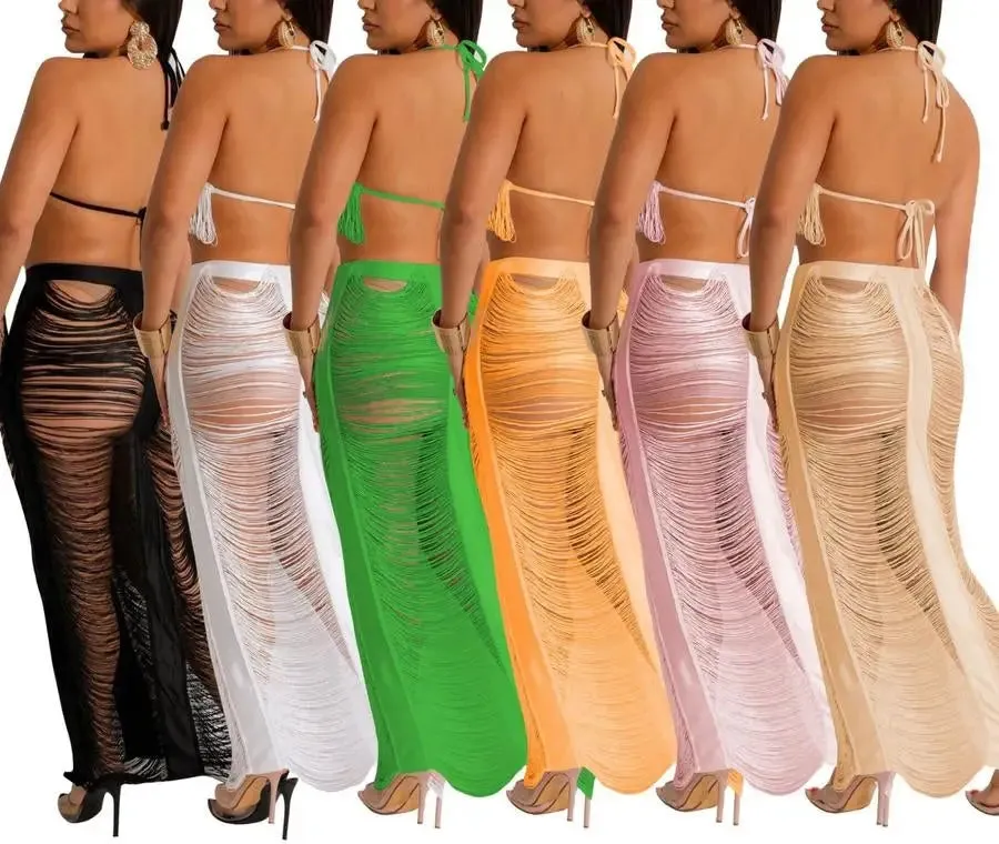 Crochet Cutout Tassel Beach Maxi Skirt Set