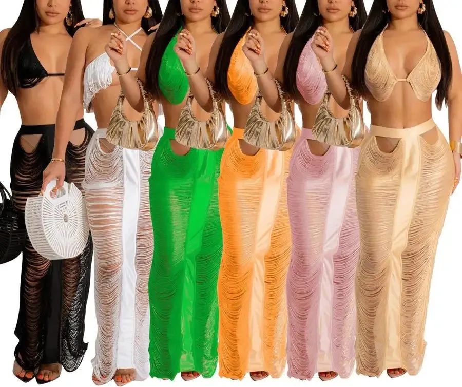 Crochet Cutout Tassel Beach Maxi Skirt Set