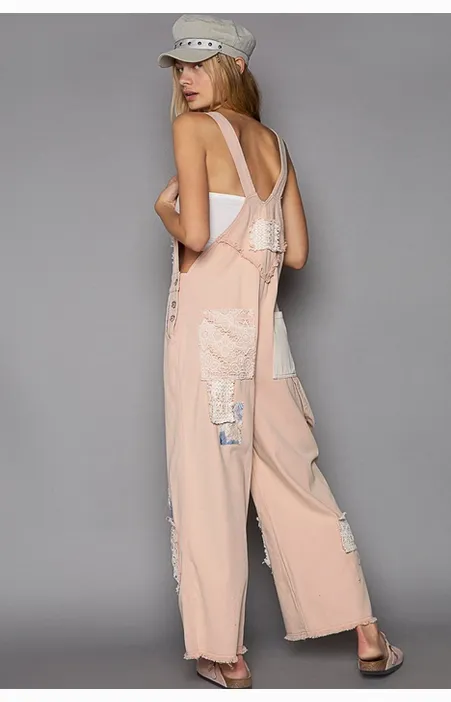 Crochet Patchwork Detail Casual Salmon Pink Denim Overalls