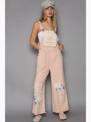 Crochet Patchwork Detail Casual Salmon Pink Denim Overalls