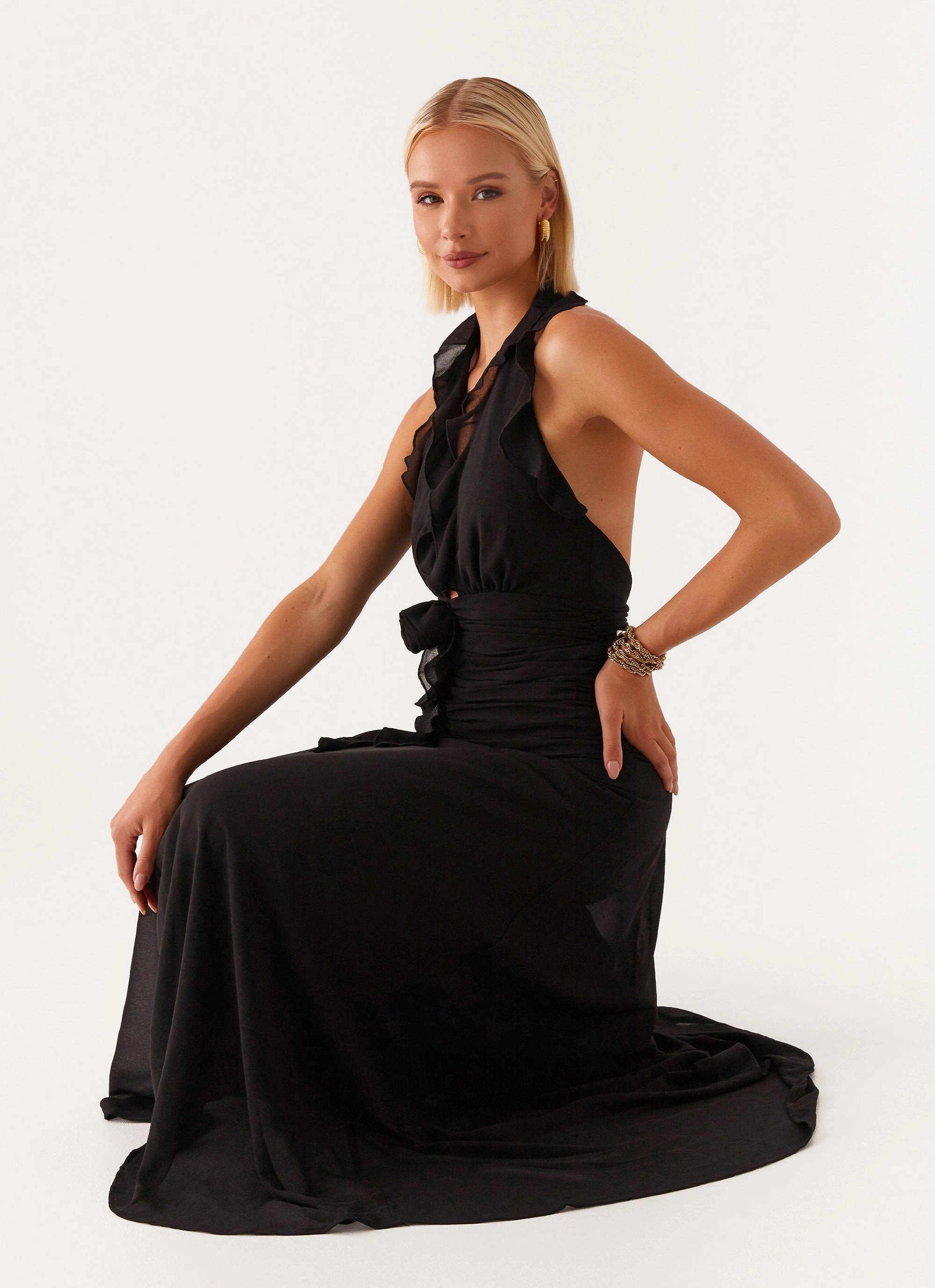 What You Need Frill Maxi Dress - Black Travel Vibe Sharp Motion