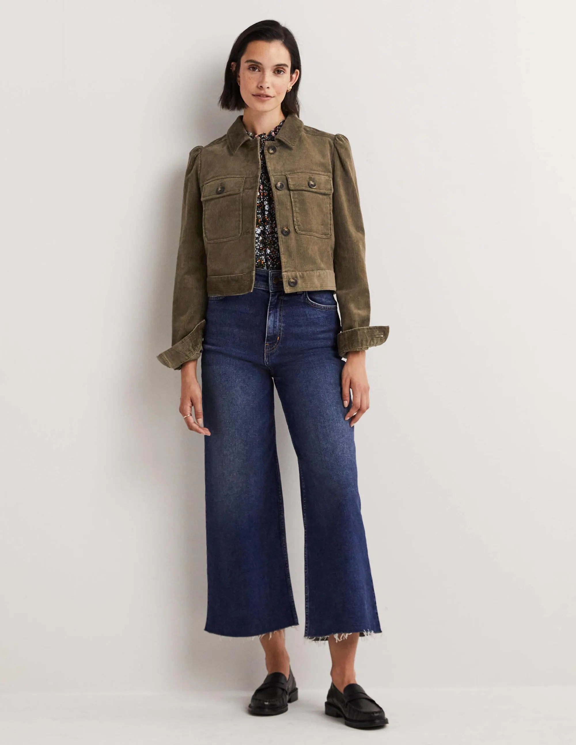 Cropped Cord Jacket-Khaki