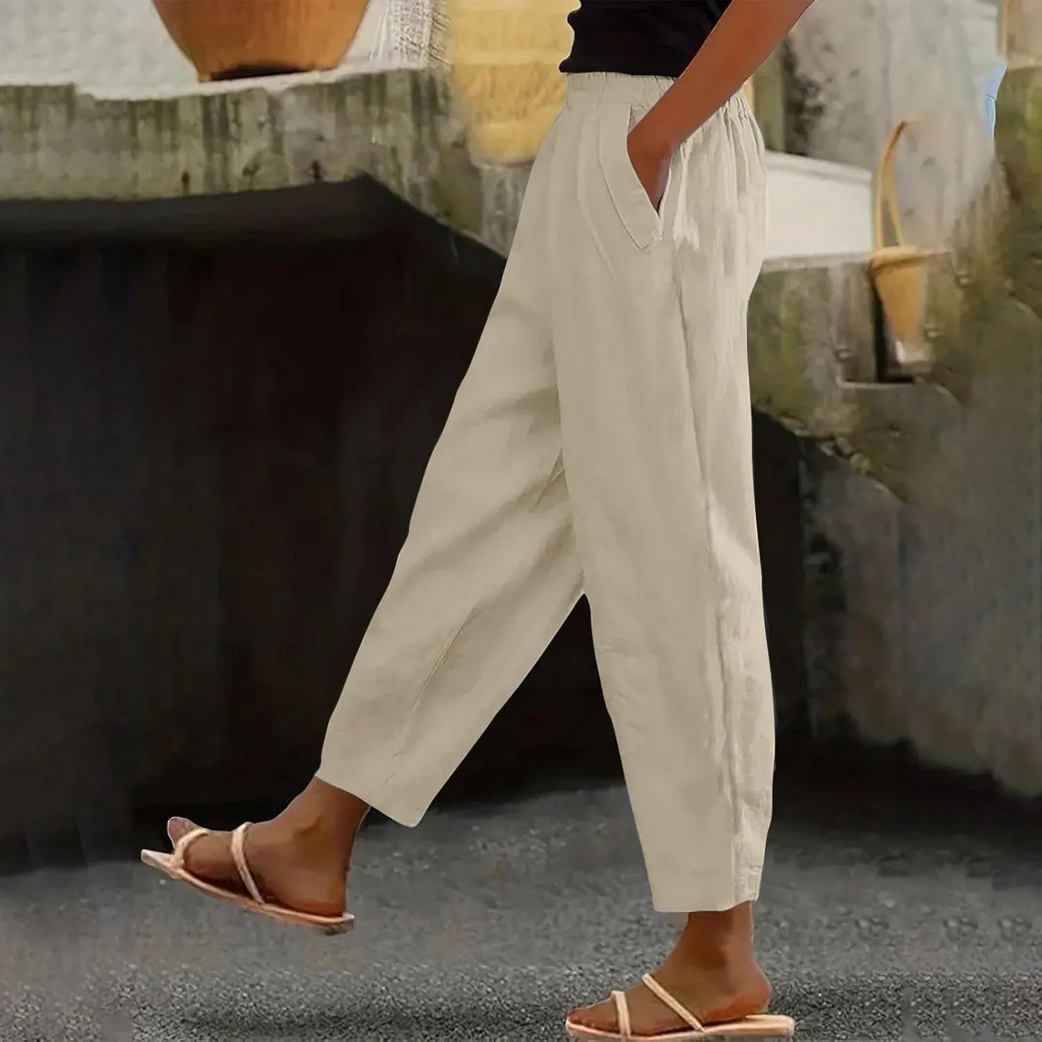 Cropped Wide Leg Pants for Women Tailored Pants Elastic Waist Pant Drawstring Pants Journey Flowy Beach Pants