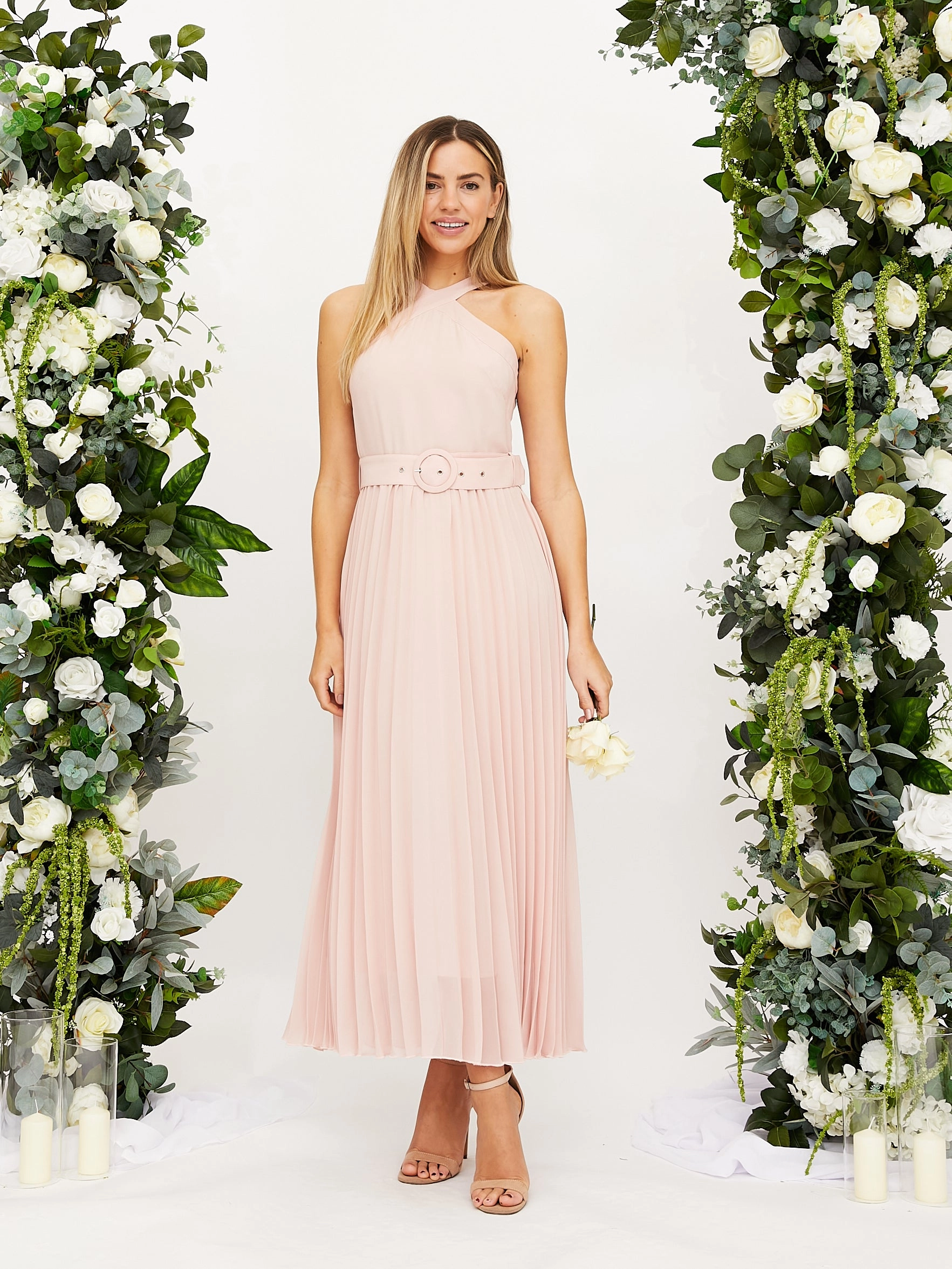 Cross Neck Pleated Midaxi Chiffon Dress / Blush Daily Option Stylish Waistband Fit