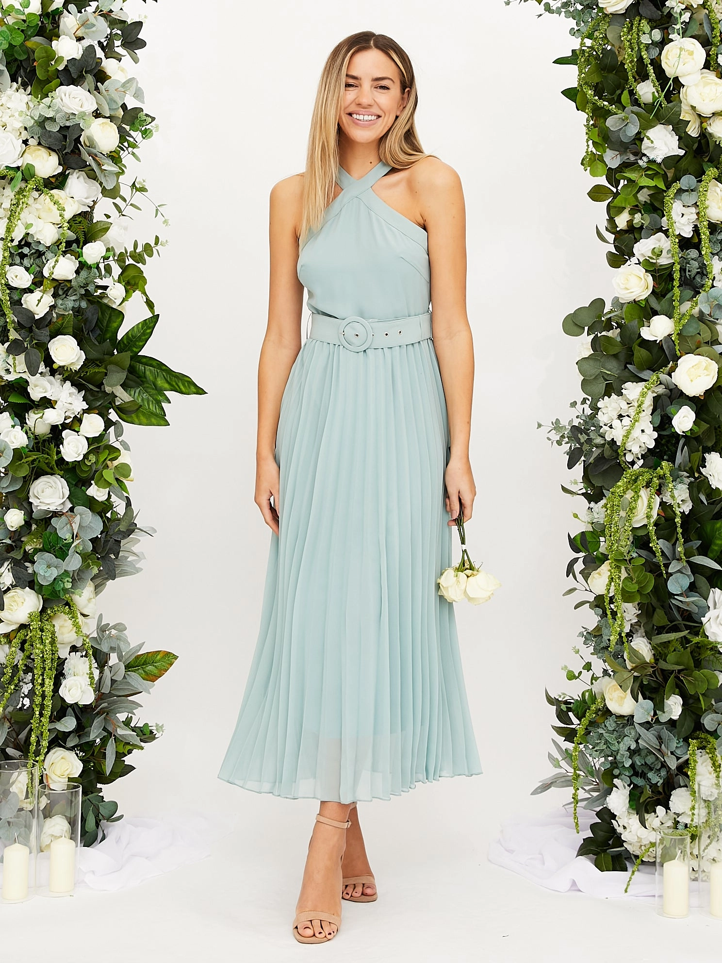 Cross Neck Pleated Midaxi Chiffon Dress / Sage Peace Glow