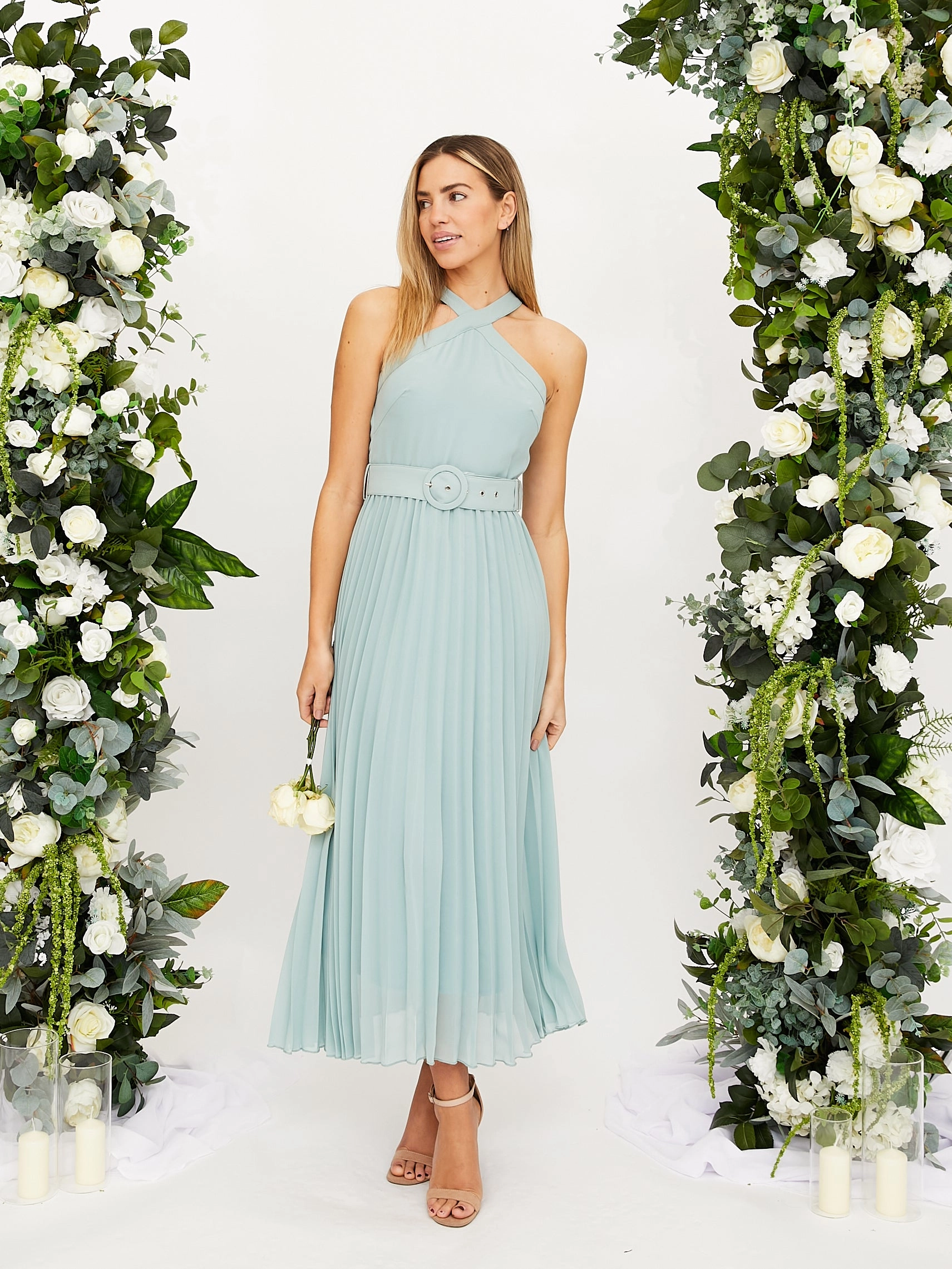 Refined Finish Chill Moment Cross Neck Pleated Midaxi Chiffon Dress / Sage