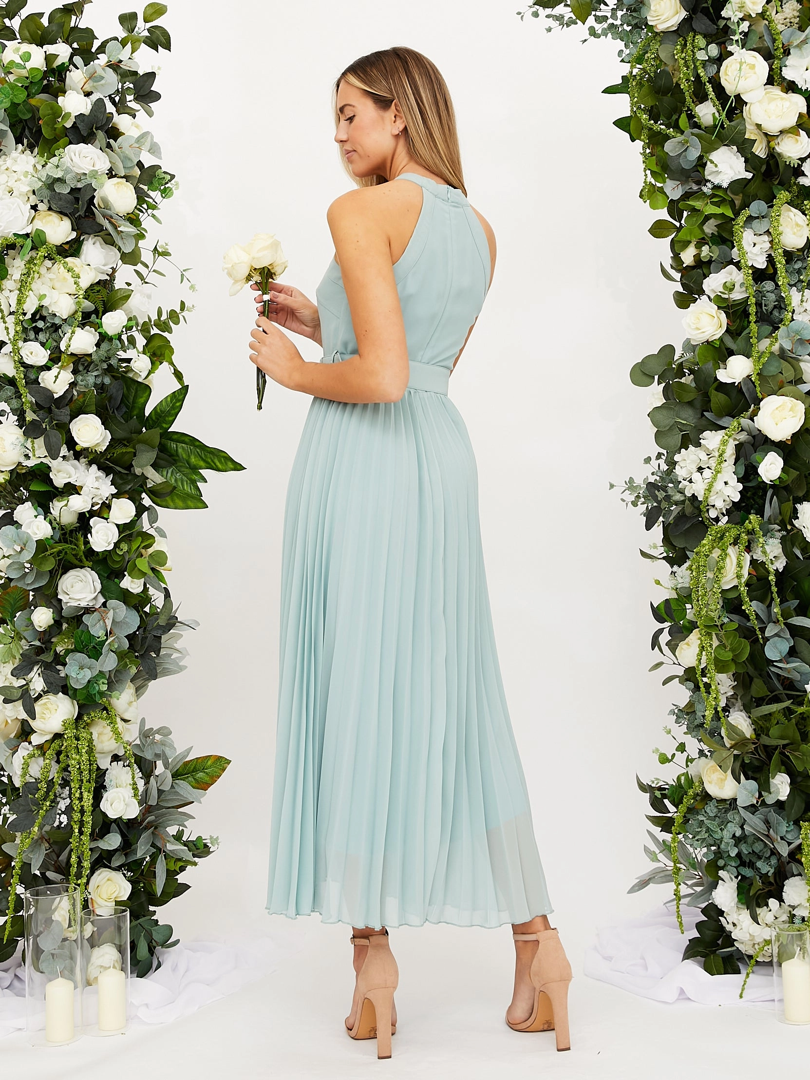 Modern Design Dance-Party Cross Neck Pleated Midaxi Chiffon Dress / Sage