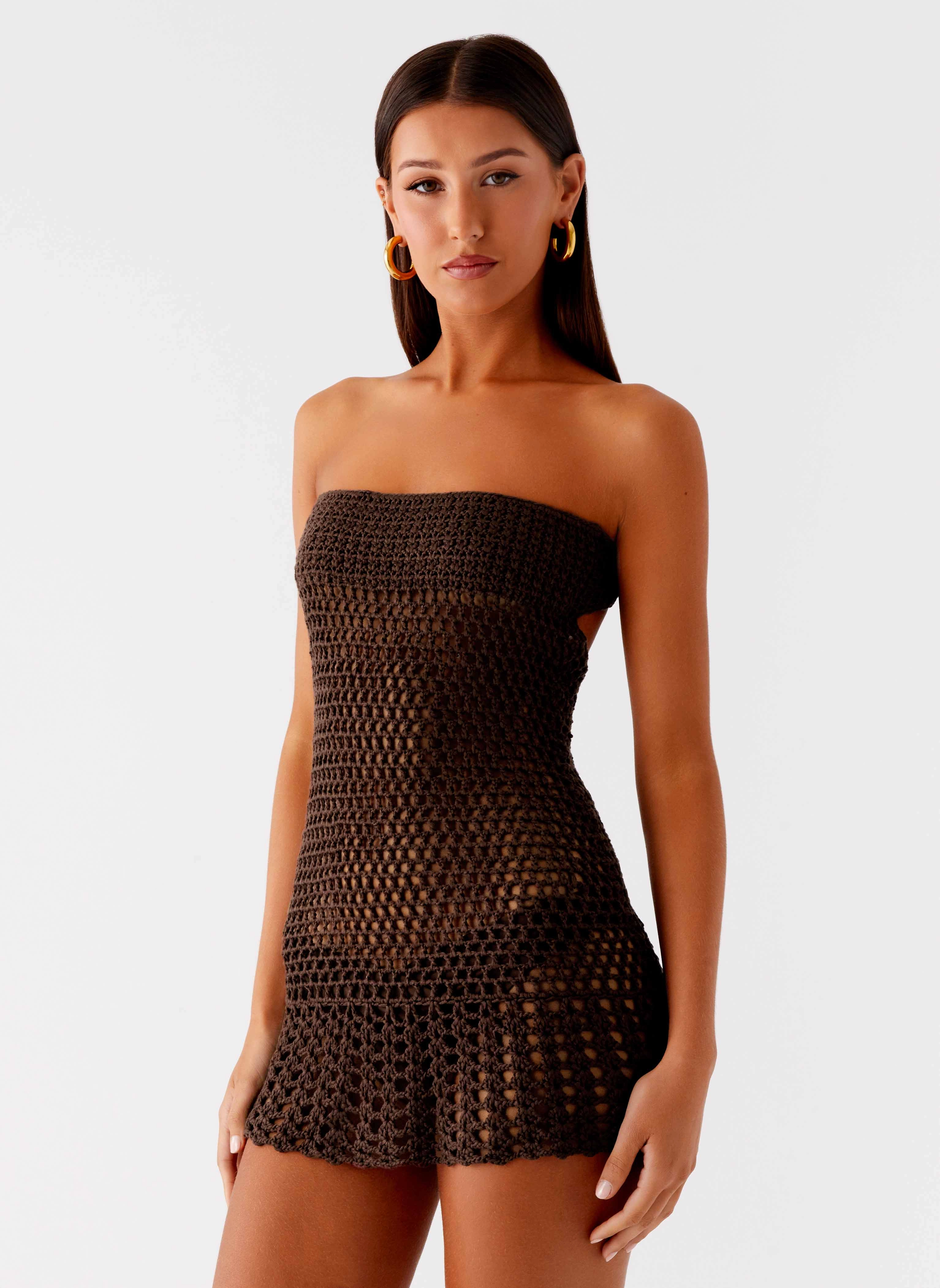 Work Mood Clean Flow Kaiane Strapless Crochet Mini Dress - Chocolate