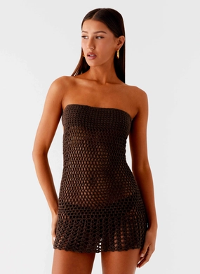 Metallic Finish Kaiane Strapless Crochet Mini Dress - Chocolate