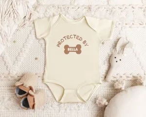Custom EMBROIDERED Baby BodySuit with Dog's Name, Protected By, Baby Shower Gift, Pregnancy Announcement, Baby and Dog, Gift Newborn
