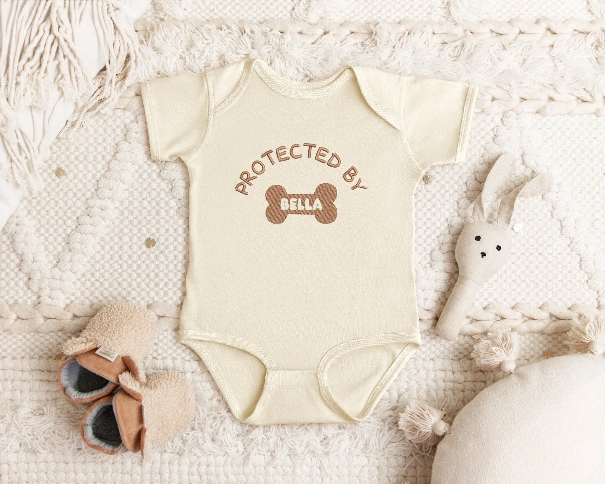 Custom EMBROIDERED Baby BodySuit with Dog's Name, Protected By, Baby Shower Gift, Pregnancy Announcement, Baby and Dog, Gift Newborn