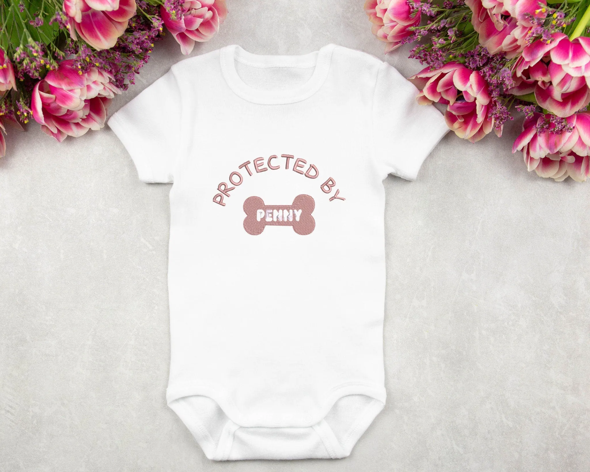 Custom EMBROIDERED Baby BodySuit with Dog's Name, Protected By, Baby Shower Gift, Pregnancy Announcement, Baby and Dog, Gift Newborn