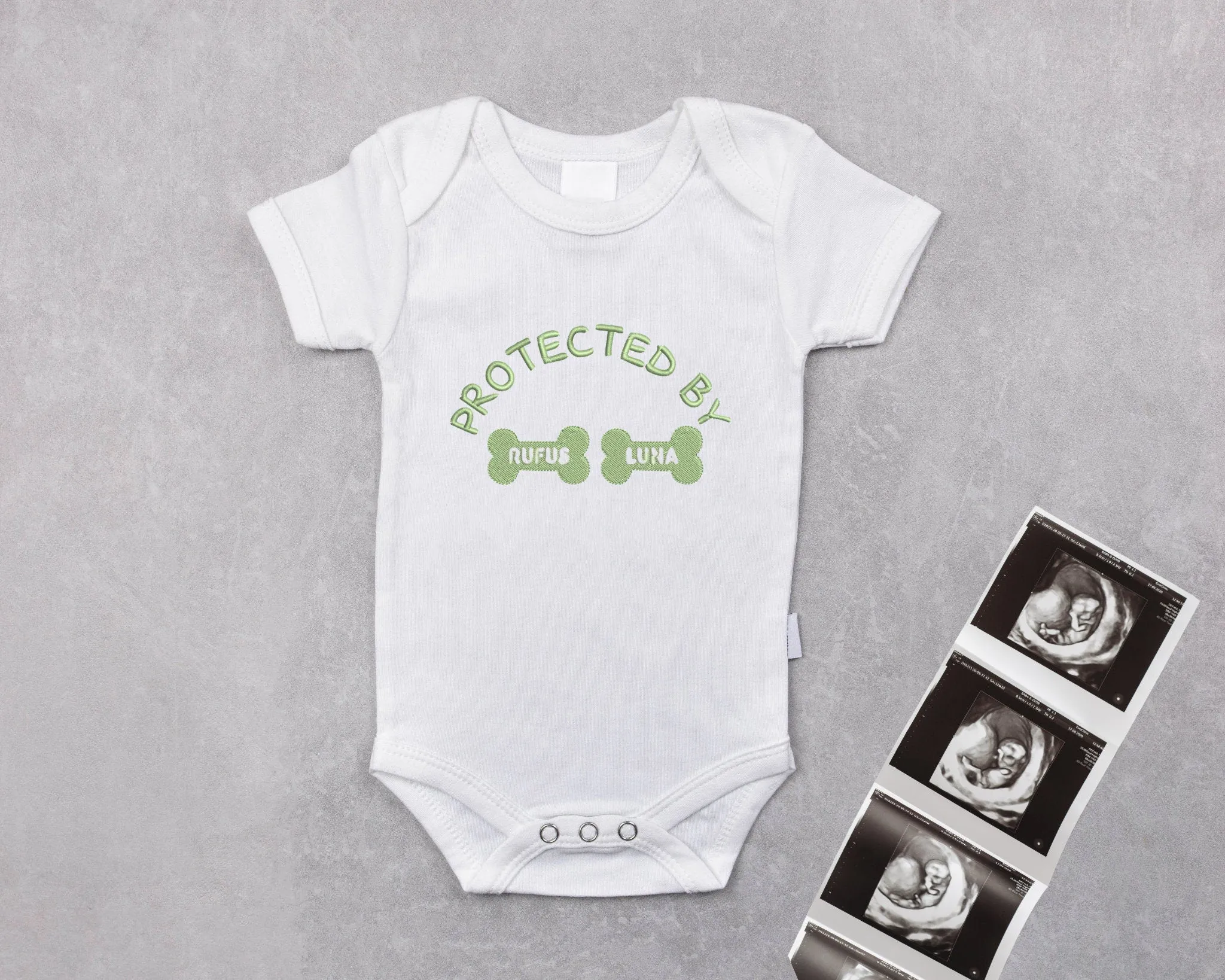Custom EMBROIDERED Baby BodySuit with Dog's Name, Protected By, Baby Shower Gift, Pregnancy Announcement, Baby and Dog, Gift Newborn
