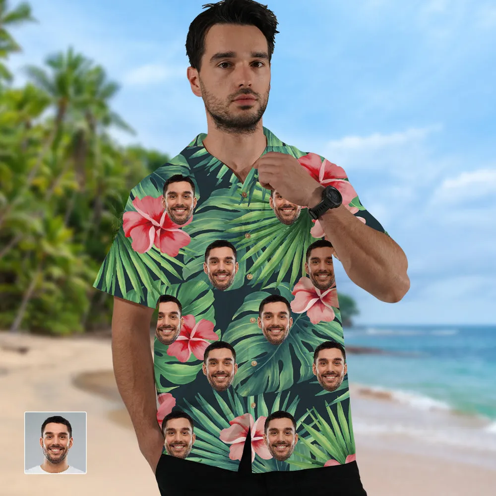 Custom Face Safflower Green Leaves Hawaiian Shirt
