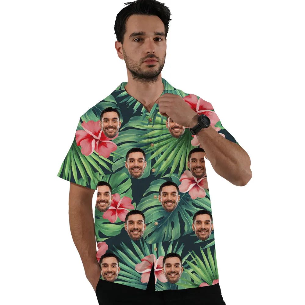 Custom Face Safflower Green Leaves Hawaiian Shirt