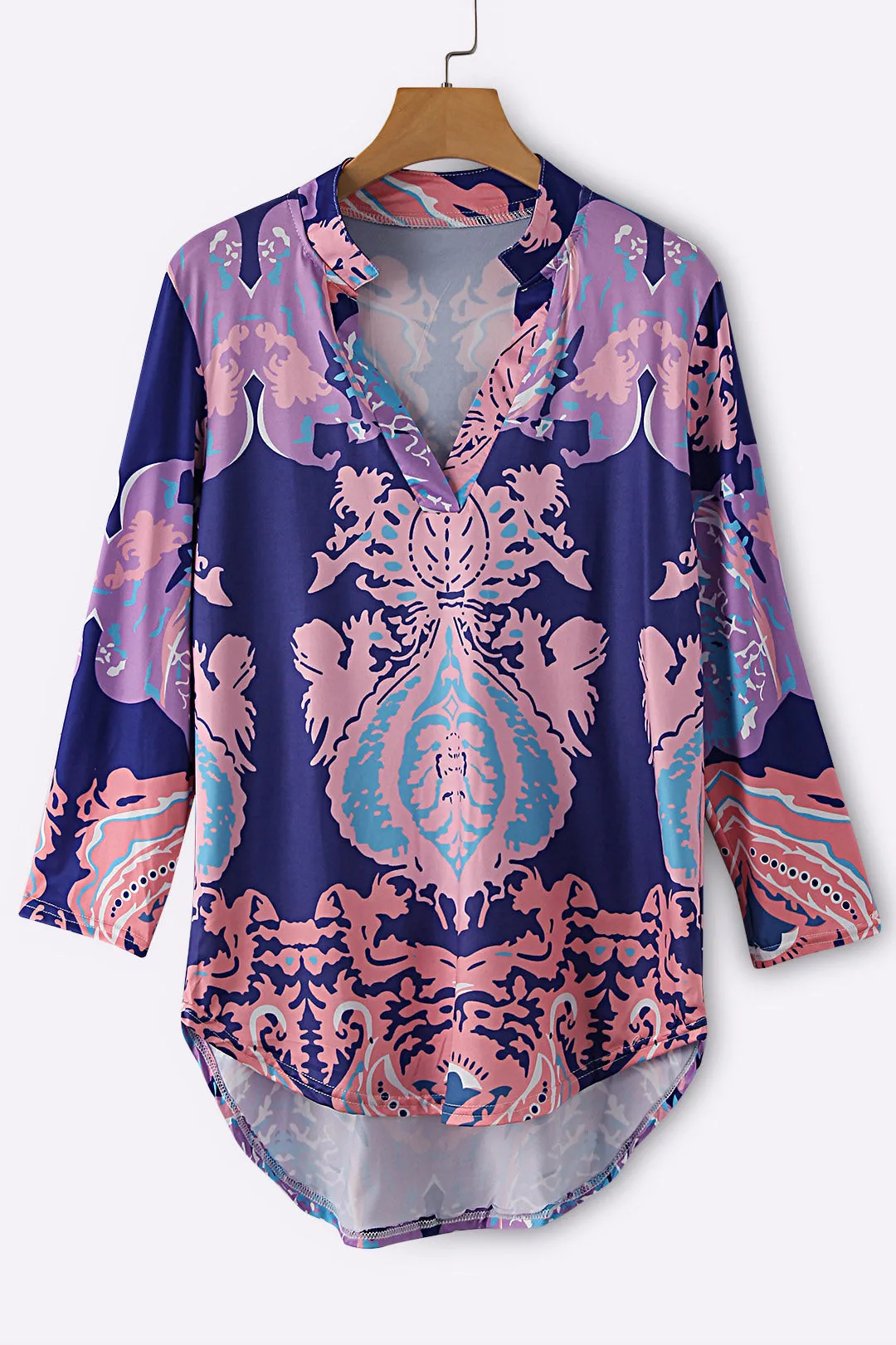 Custom Random Long Sleeves V-Neck Curved Hem Blouses