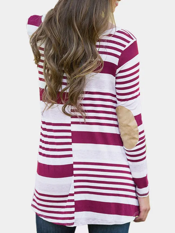 Custom Round Neck Stripe Side Pockets Long Sleeve Irregular Hem Plum T-Shirts