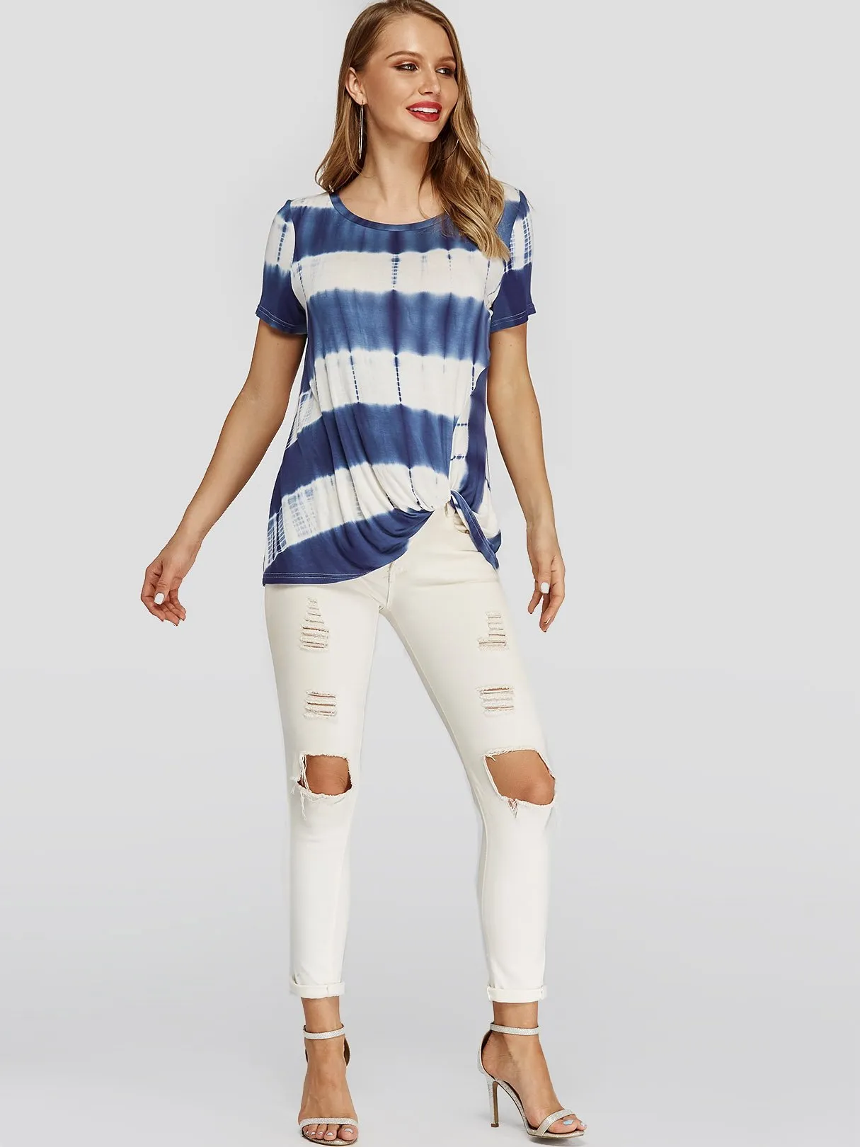 Custom Round Neck Stripe Twist Short Sleeve T-Shirts