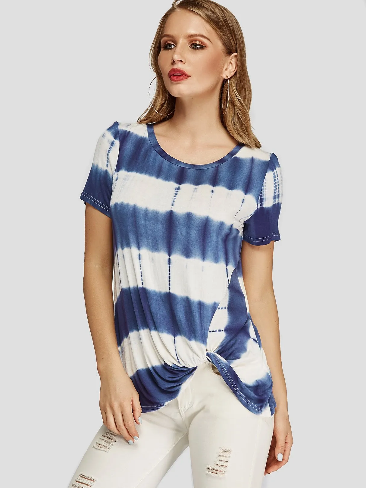 Custom Round Neck Stripe Twist Short Sleeve T-Shirts
