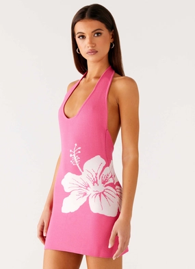 Work Option Party Floral Aloha Knit Mini Dress - Pink