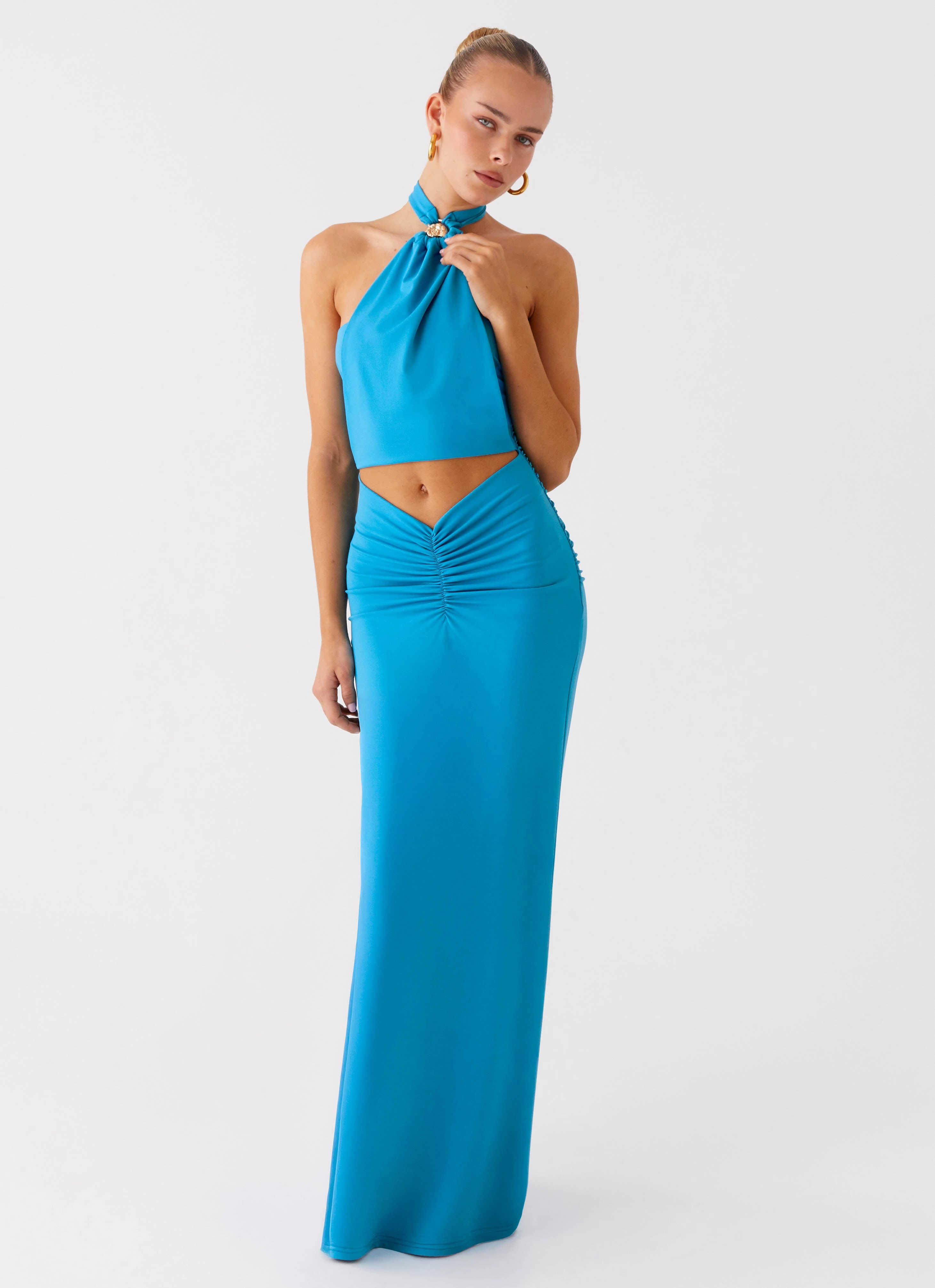 Perfect Waist Chiquita Halter Maxi Dress - Turquoise Blue