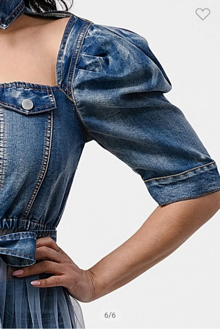 CUT OUT FRONT PUFF SLEEVE TULLE DENIM DRESS